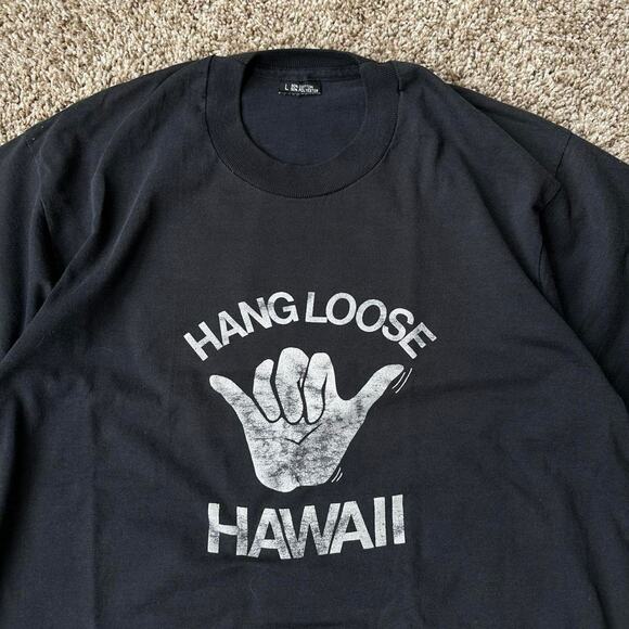 Vintage 90s Hawaii Hang Loose Surf Shaka Black Faded Tee - Picture 3 of 6